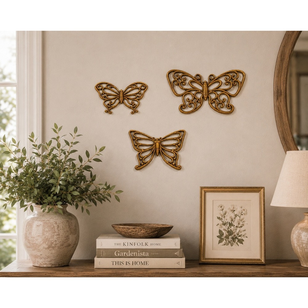 Vintage Burwood Products Butterfly Wall Decor Set of 3 Gold MCM 1970s USA Ratanβ